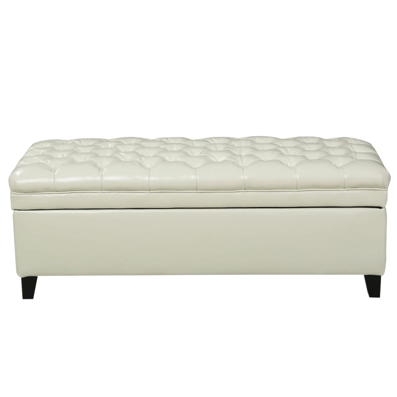 Storage Ottoman with Birch Legs, Faux Leather Tufted, 50" L x 20.5" W x 18.25" H, Spot Clean, Ivory