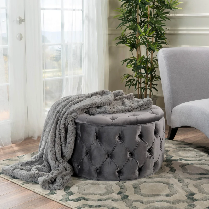 Modern Glam Round Velvet Ottoman with Cushioned Top, Sturdy Frame, and Space-Saving Design, 29.5" L x 29.5" W x 18" H, Gray
