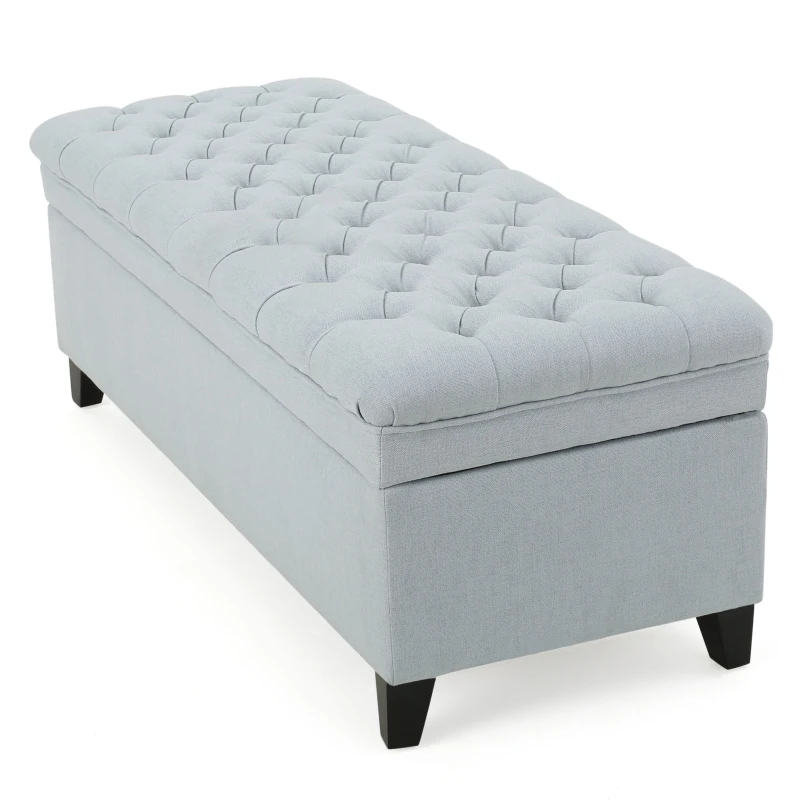 Storage Ottoman with Birch Legs, Hand-Tufted Fabric, 50" L x 20.5" W x 18.25" H, Spot Clean, Light Blue Gray