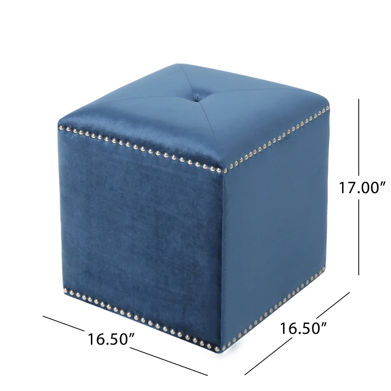Stylish Ottoman with Cushioned Top, Sturdy Frame, and Space-Saving Design, 16.5" L x 16.5" W x 17" H, Dark Blue