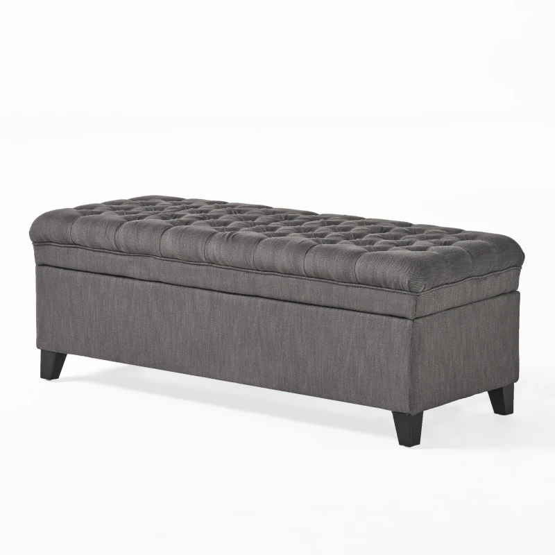 Storage Ottoman with Birch Legs, Hand-Tufted Fabric, 50" L x 20.5" W x 18.25" H, Spot Clean, Gray