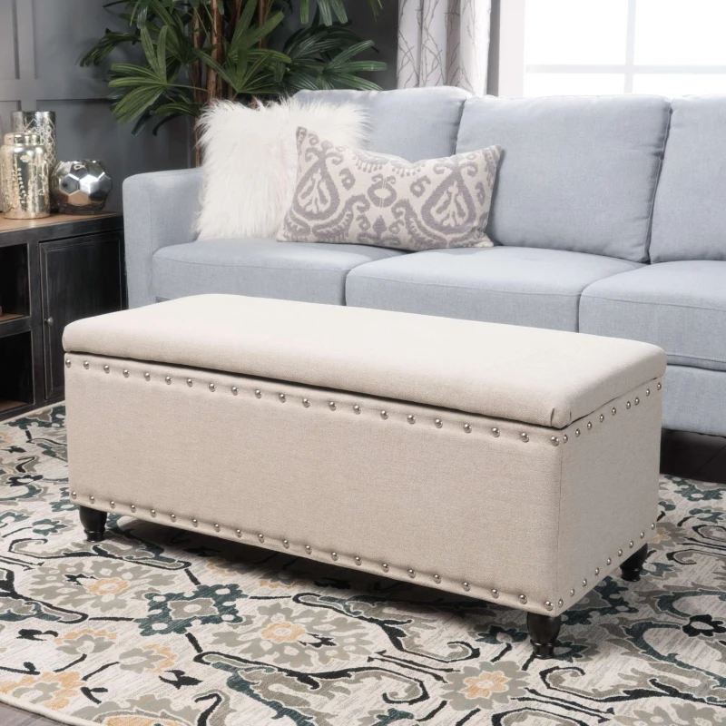 Fabric Storage Ottoman Bench with Solid Wood Construction, Versatile Seating and Storage, 42" L x 18.25" W x 18.25" H, Wheat