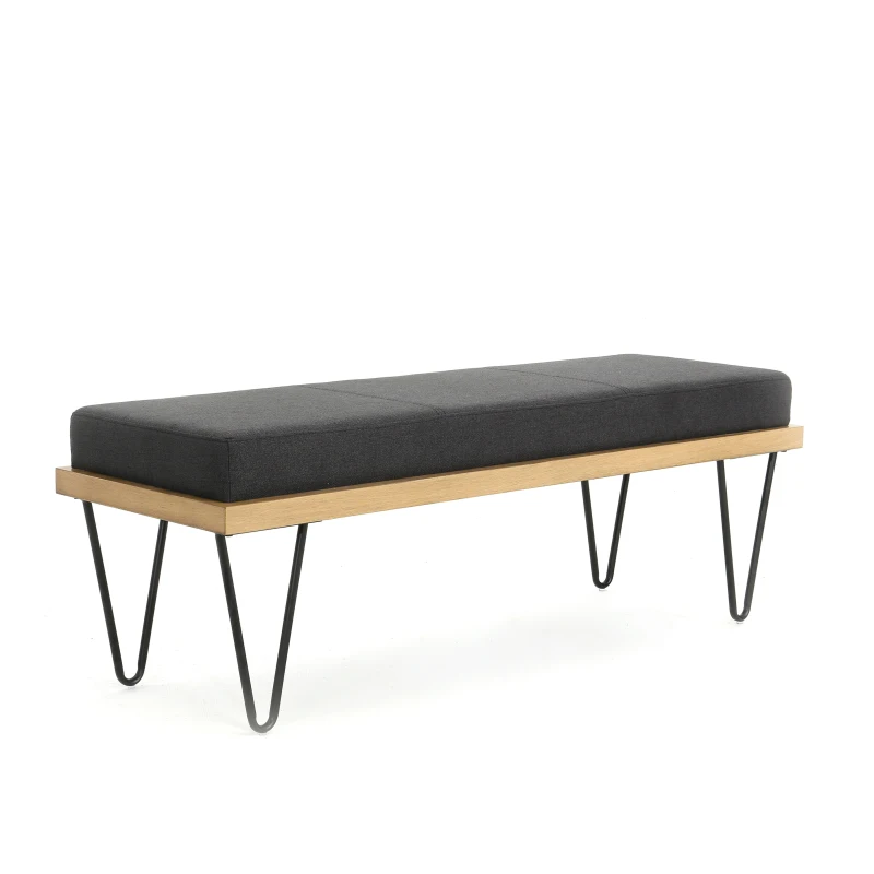 Stylish Bedroom Bench with Padded Seat Cushion, Upturned Wide U Shape, Light Assembly Required, 47.25" L x 15.75" W x 16.5" H, Charcoal Gray