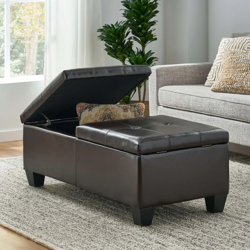 Double-Top Storage Ottoman with Soft Leather, Tufted Design, Ample Interior Space, and Matching Espresso Legs, 51"x24.5"x19", Brown