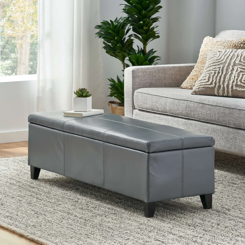 Storage Ottoman with Contemporary Design, Upholstered Seating, Versatile Storage Bench, 51.25" L x 17.5" W x 16.25" H, Gray