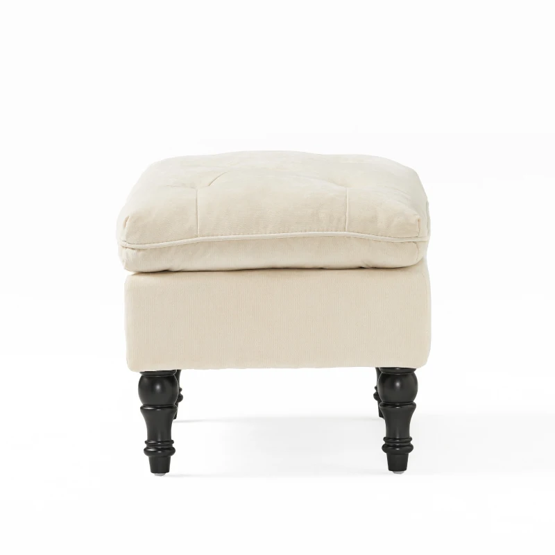 28" Pillow Top Ottoman with Button Tufted Upholstery, Turned Birch Legs, Extra Seating or Footrest, 28.5"x18"x17.75", Cream