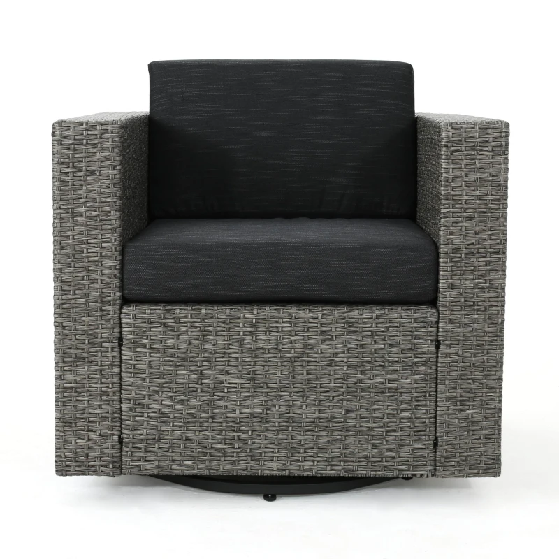Outdoor Swivel Club Chair, Polyethylene Wicker, Water-Resistant Cushions, 33.5" L x 31.5" W x 27.75" H, Assembly Required, Black+Gray