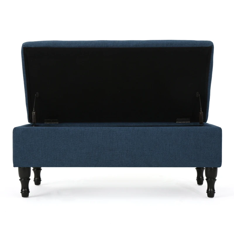Storage Ottoman with Tufted Top and Dark Wooden Legs, Multi-Functional Suede Upholstery, 40.75" L x 19.25" W x 17.25" H, Navy Blue