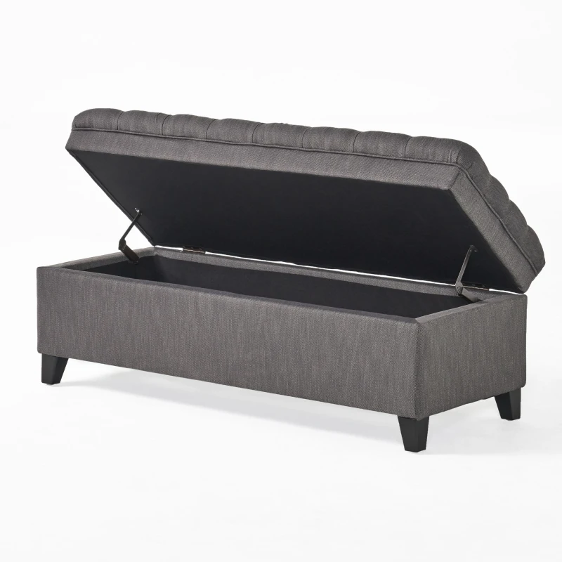 Storage Ottoman with Birch Legs, Hand-Tufted Fabric, 50" L x 20.5" W x 18.25" H, Spot Clean, Gray