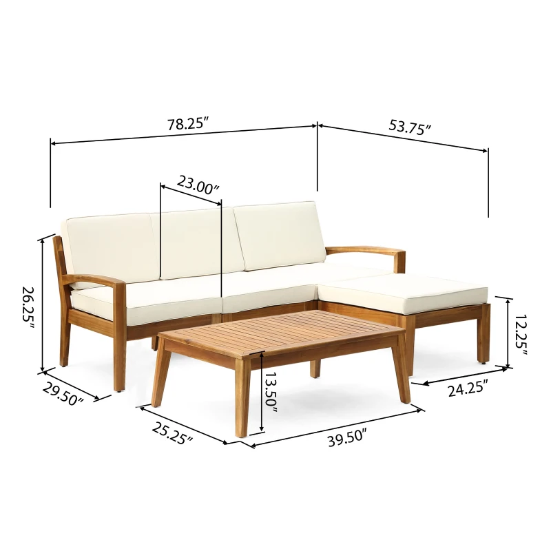 Transitional L-Shaped Patio Furniture Set, Acacia Wood Frame with Water-Resistant Cushions and Slat Panel Design, 27" L x 29.5" W x 26.25" H, Beige
