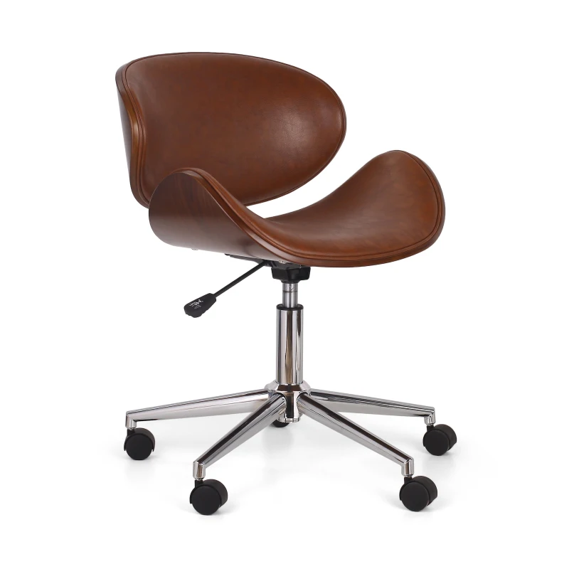 Vinsetto Mid-Century Modern Office Chair, Faux Leather Upholstery, Bentwood Design, Adjustable Height with Swivel, Rolling Casters, 23"x23"x29.25", Walnut