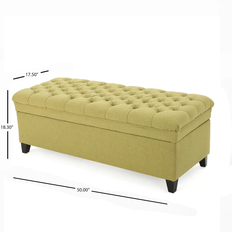 Storage Ottoman with Birch Legs, Hand-Tufted Fabric, 50" L x 20.5" W x 18.25" H, Spot Clean, Green