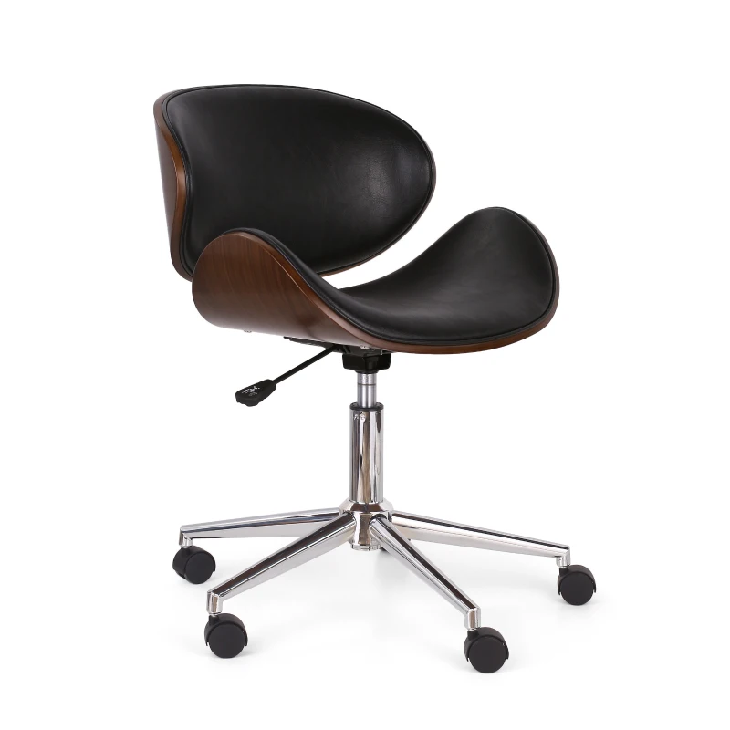 Vinsetto Mid-Century Modern Office Chair, Faux Leather Upholstery, Bentwood Design, Adjustable Height with Swivel, Rolling Casters, 23"x23"x29.25", Black+Dark Walnut