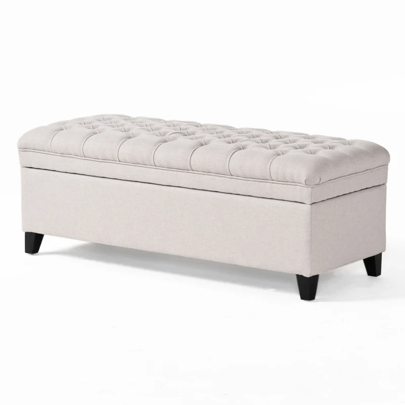Storage Ottoman with Birch Legs, Hand-Tufted Fabric, 50" L x 20.5" W x 18.25" H, Spot Clean, Light Gray