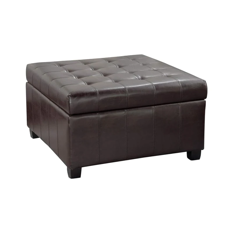 Square Ottoman with Tufted Waffle Stitch, Contemporary Design, Upholstered Storage Space, 31" L x 31" W x 18.6" H, Brown