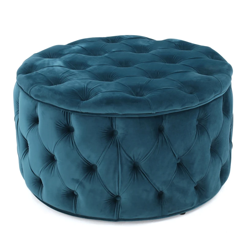 Modern Glam Round Velvet Ottoman with Cushioned Top, Sturdy Frame, and Space-Saving Design, 29.5" L x 29.5" W x 18" H, Teal