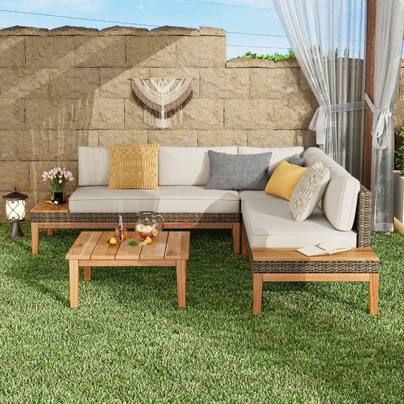 Loft Outdoor Acacia Wood and Wicker 5 Seater Sectional Sofa Set with Water-Resistant Cushions, Built-In Side Tables, and Durable Polyethylene Rattan, 64"x30"x27", Teak