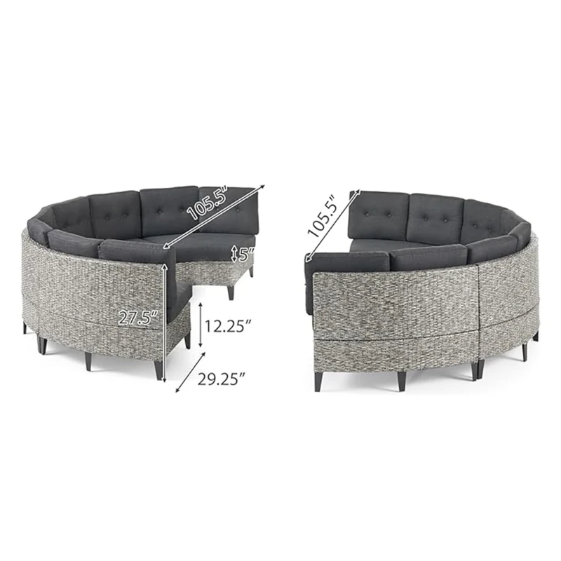 Outdoor 8 Seater Sofa, Modular Half-Circle Design, Polyethylene Rattan, Water-Resistant Cushions, 106" x 35" x 28", Black+Gray