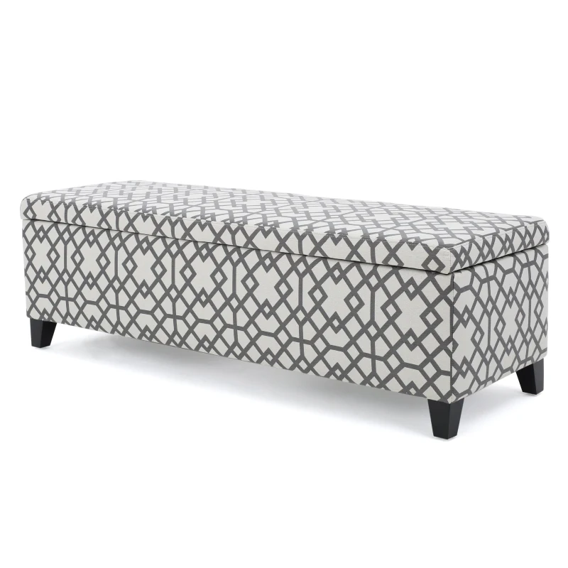 Cushioned Storage Ottoman with Sturdy Frame and Space-Saving Design, Geometric Pattern Surface, Gray