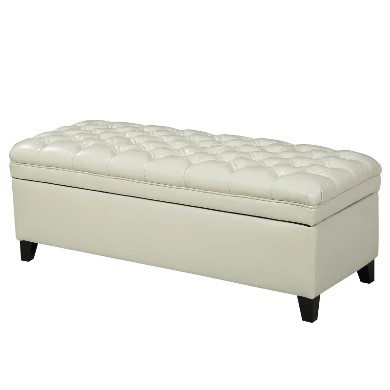 Storage Ottoman with Birch Legs, Faux Leather Tufted, 50" L x 20.5" W x 18.25" H, Spot Clean, Ivory