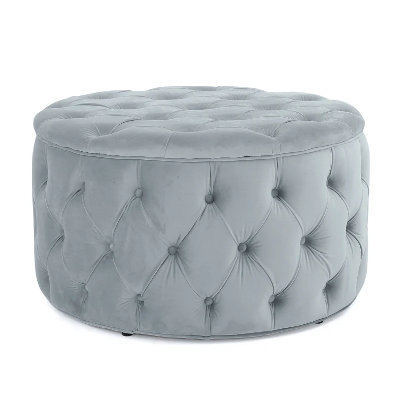 Modern Glam Round Velvet Ottoman with Cushioned Top, Sturdy Frame, and Space-Saving Design, 29.5" L x 29.5" W x 18" H, Light Gray