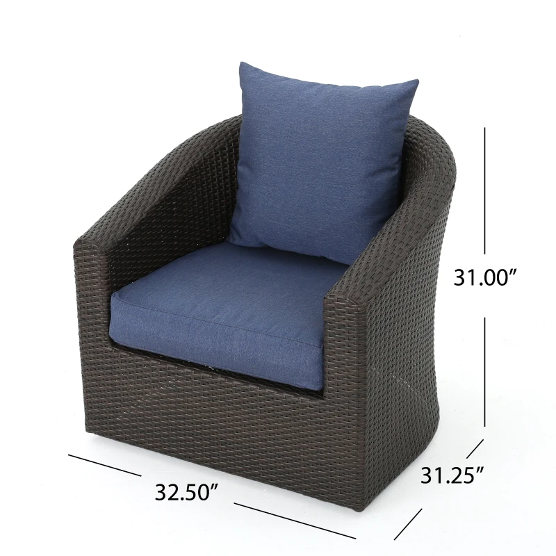 Vinsetto Swivel Club Chair with Hand-Crafted Wicker and Aluminum, Weather-Resistant Polyester Cushions, No Assembly Required, 32.5" L x 31.25" W x 31" H, Brown