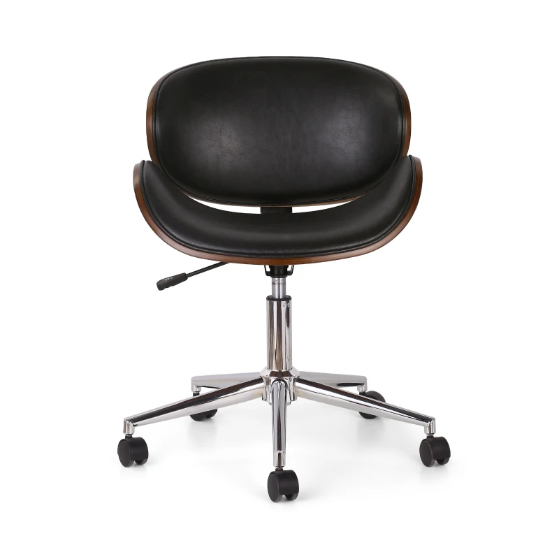 Vinsetto Mid-Century Modern Office Chair, Faux Leather Upholstery, Bentwood Design, Adjustable Height with Swivel, Rolling Casters, 23"x23"x29.25", Black+Dark Walnut