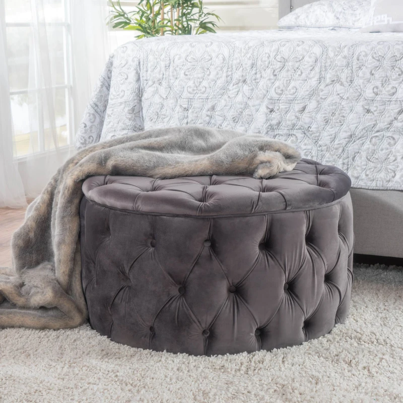 Modern Glam Round Velvet Ottoman with Cushioned Top, Sturdy Frame, and Space-Saving Design, 29.5" L x 29.5" W x 18" H, Gray