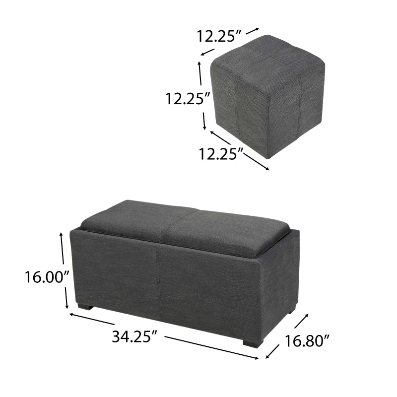 Storage Ottoman Bench with 2 Nested Ottoman Cubes, Wood Construction with Fabric Upholstery, Pre-Assembled, 34.25" L x 16.8" W x 16" H, Gray