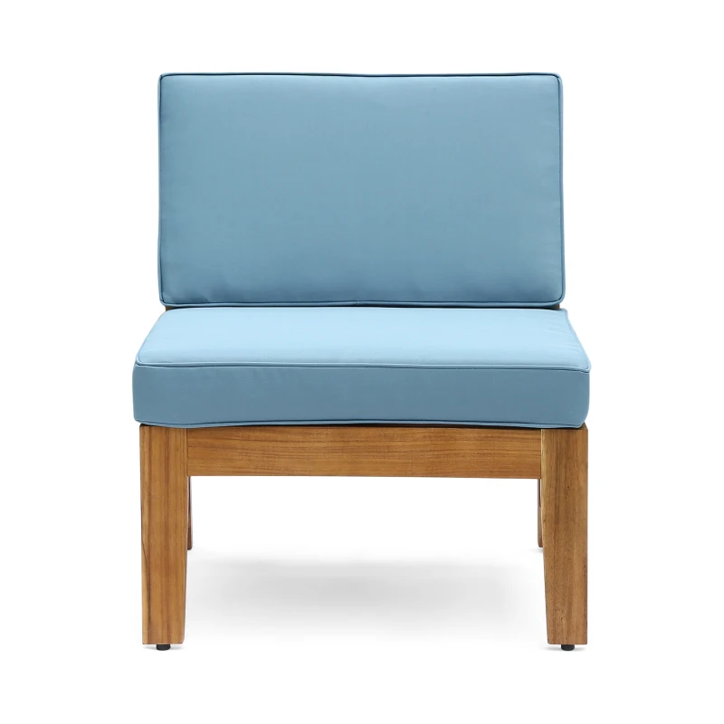 Transitional L-Shaped Patio Furniture Set, Acacia Wood Frame with Water-Resistant Cushions and Slat Panel Design, 27" L x 29.5" W x 26.25" H, Blue
