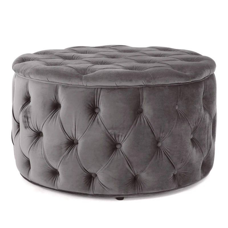 Modern Glam Round Velvet Ottoman with Cushioned Top, Sturdy Frame, and Space-Saving Design, 29.5" L x 29.5" W x 18" H, Gray