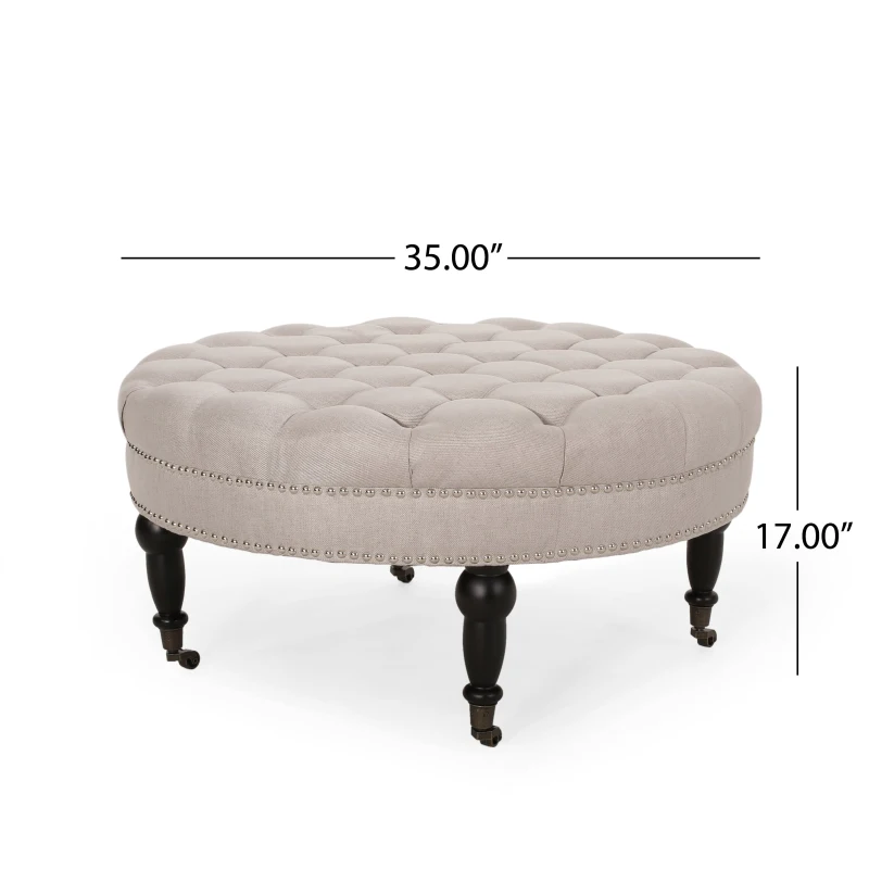 Ottoman with Casters and Birch Wood Legs, Contemporary Design, Button Tufted Diamond Stitch, Nailhead Accents, 35" x 35" x 17", Wheat