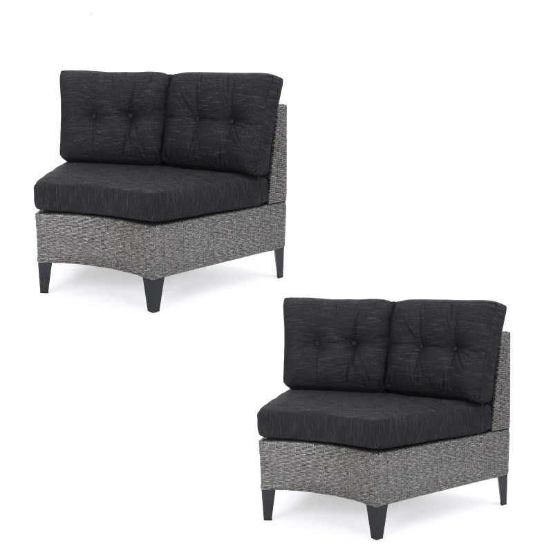 Single Sofa Set of 2, Polyethylene Rattan Wicker, Iron Frame, Water Resistant Cushions, Easy to Assemble, 40.5"x29.25"x27.5", Black+Gray