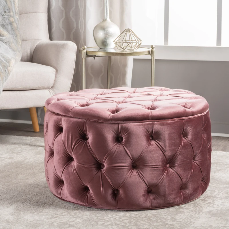 Modern Glam Round Velvet Ottoman with Cushioned Top, Sturdy Frame, and Space-Saving Design, 29.5" L x 29.5" W x 18" H, Blush