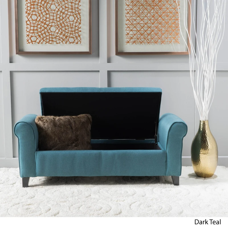 Contemporary Upholstered Ottoman with Rolled Arms and Pressure Hinges, Armed Storage Bench, Ideal for Small Spaces, 50" L x 19.75" W x 20.5" H, Teal