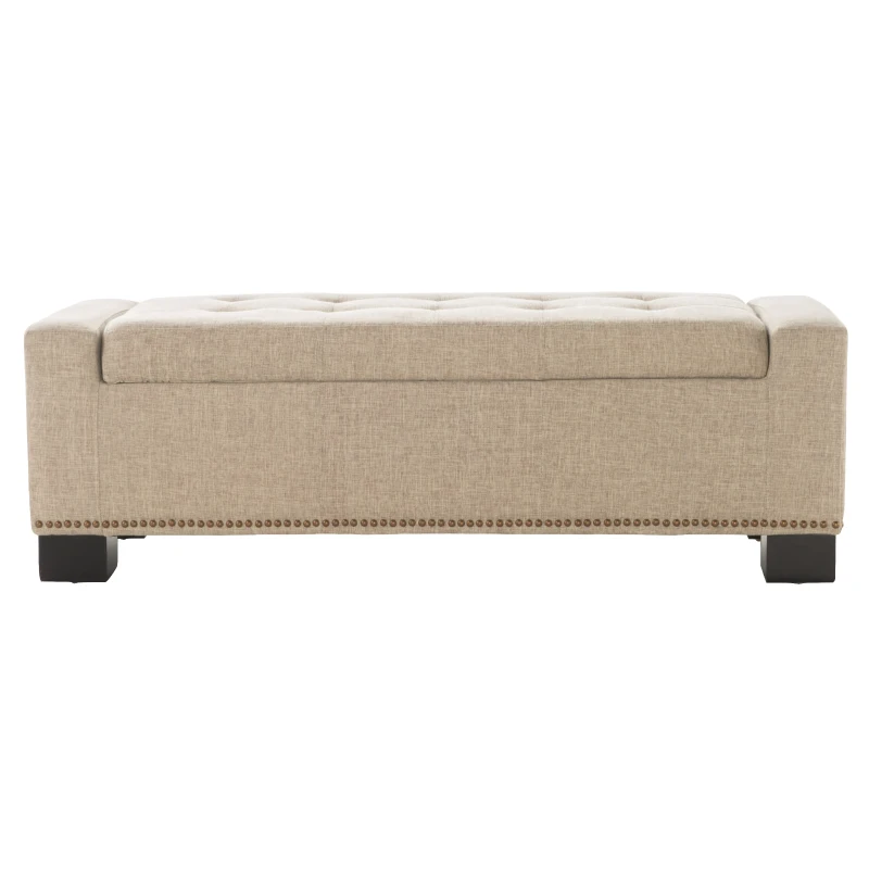 Storage Ottoman with Studs, Hinged Lid, Tufted Top, and Birch Legs, 50.85" L x 19.5" W x 17" H, Wheat