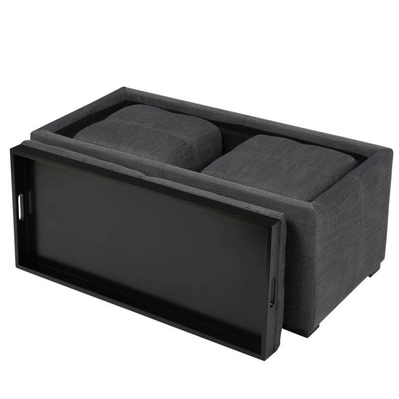Storage Ottoman Bench with 2 Nested Ottoman Cubes, Wood Construction with Fabric Upholstery, Pre-Assembled, 34.25" L x 16.8" W x 16" H, Gray