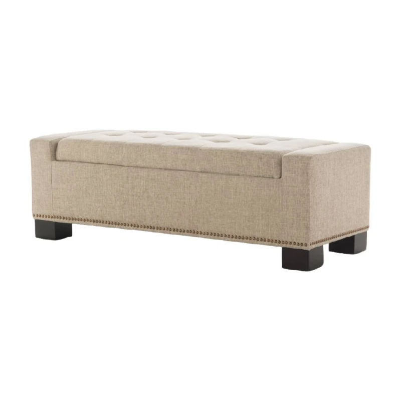 Storage Ottoman with Studs, Hinged Lid, Tufted Top, and Birch Legs, 50.85" L x 19.5" W x 17" H, Wheat