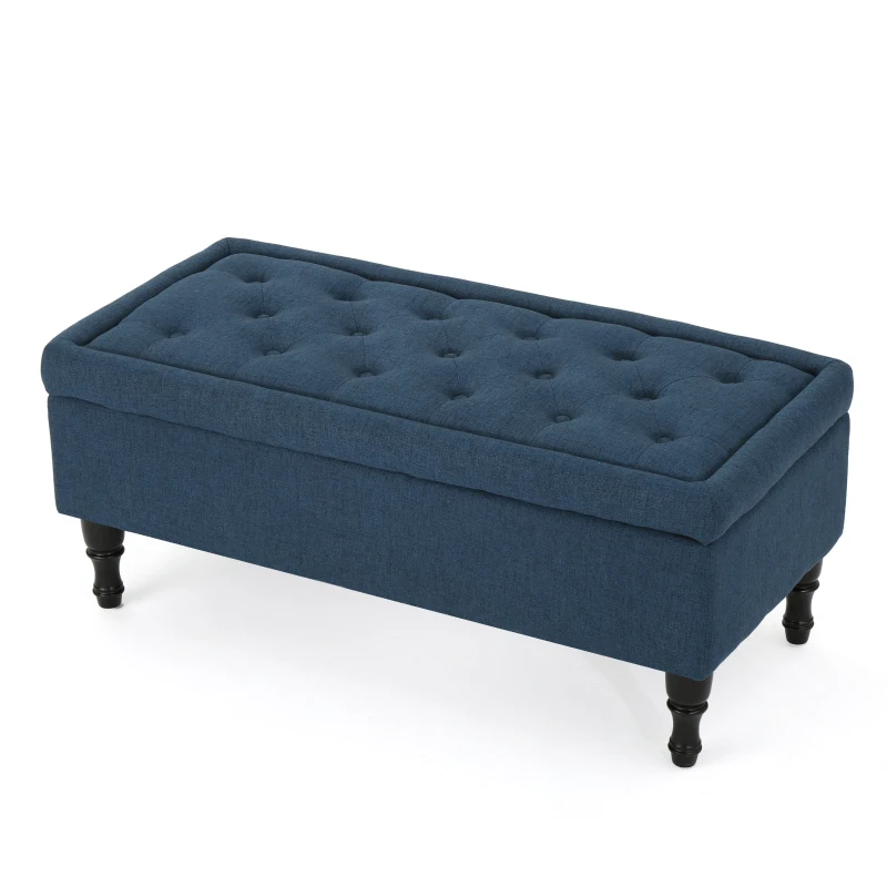 Storage Ottoman with Tufted Top and Dark Wooden Legs, Multi-Functional Suede Upholstery, 40.75" L x 19.25" W x 17.25" H, Navy Blue