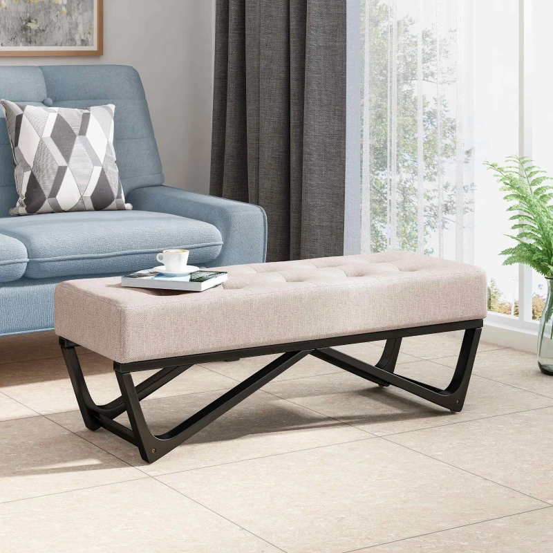 Ottoman with Cushioned Top, Sturdy Frame, and Space-Saving Design, 47.25" L x 17.5" W x 16.5" H, Beige