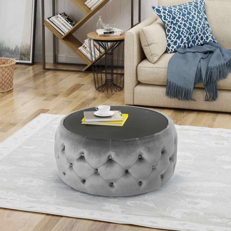 Velvet Ottoman with Cushioned Top, Sturdy Frame, and Space-Saving Design, 30" L x 30" W x 14.5" H, Smoke