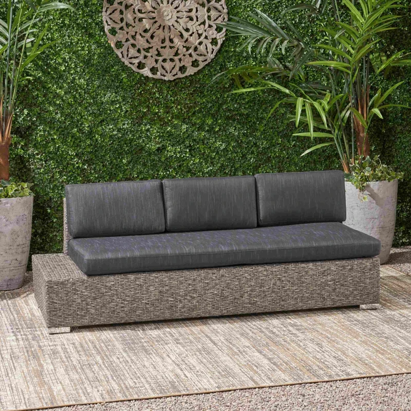 Outdoor Wicker 3-Seater Sofa with Built-In Side Table, Water-Resistant Cushions, Rust-Proof Aluminum Frame, 75.5" L x 29.75" W x 25.5" H, Black+Gray