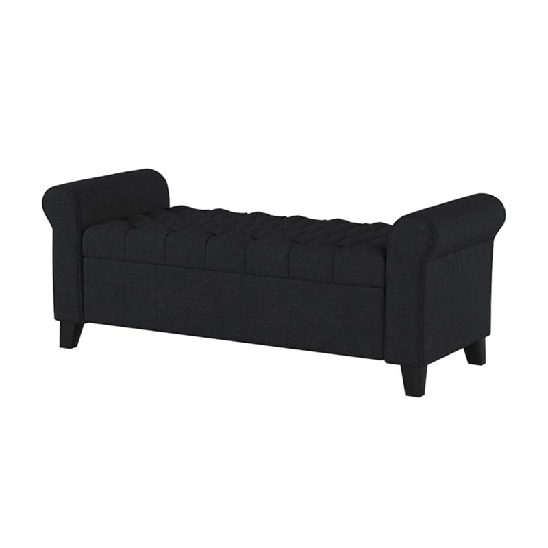 Contemporary Upholstered Ottoman with Rolled Arms and Pressure Hinges, Armed Storage Bench, Ideal for Small Spaces, 50" L x 19.5" W x 20.5" H, Dark Gray
