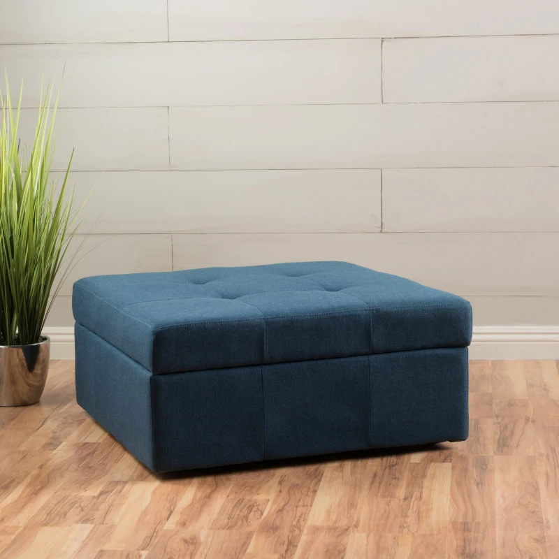 Storage Ottoman with Tufted Waffle Stitch, Contemporary Design, Ample Storage Space, Rolling Casters, 31" L x 31" W x 15.25" H, Navy Blue