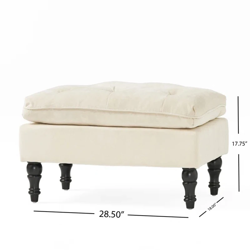 28" Pillow Top Ottoman with Button Tufted Upholstery, Turned Birch Legs, Extra Seating or Footrest, 28.5"x18"x17.75", Cream