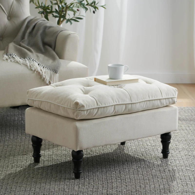 28" Pillow Top Ottoman with Button Tufted Upholstery, Turned Birch Legs, Extra Seating or Footrest, 28.5"x18"x17.75", Cream