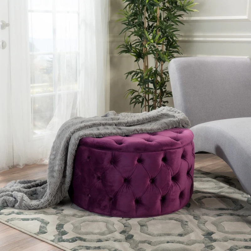 Modern Glam Round Velvet Ottoman with Cushioned Top, Sturdy Frame, and Space-Saving Design, 29.5" L x 29.5" W x 18" H, Fuchsia