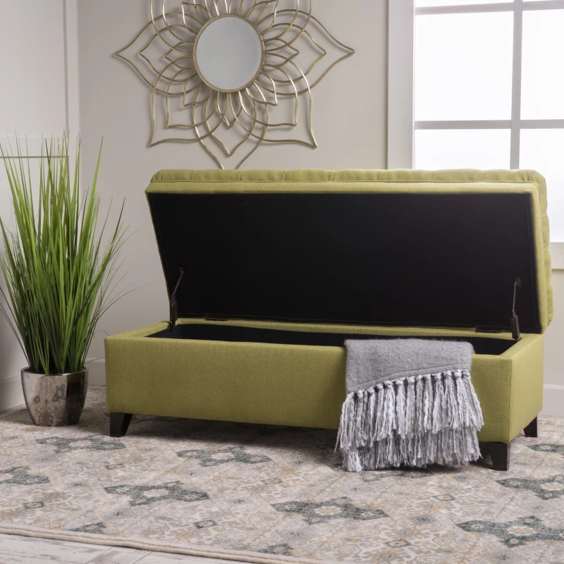 Storage Ottoman with Birch Legs, Hand-Tufted Fabric, 50" L x 20.5" W x 18.25" H, Spot Clean, Green