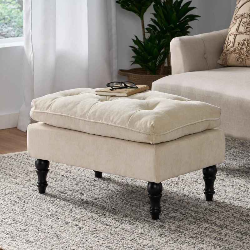 28" Pillow Top Ottoman with Button Tufted Upholstery, Turned Birch Legs, Extra Seating or Footrest, 28.5"x18"x17.75", Cream