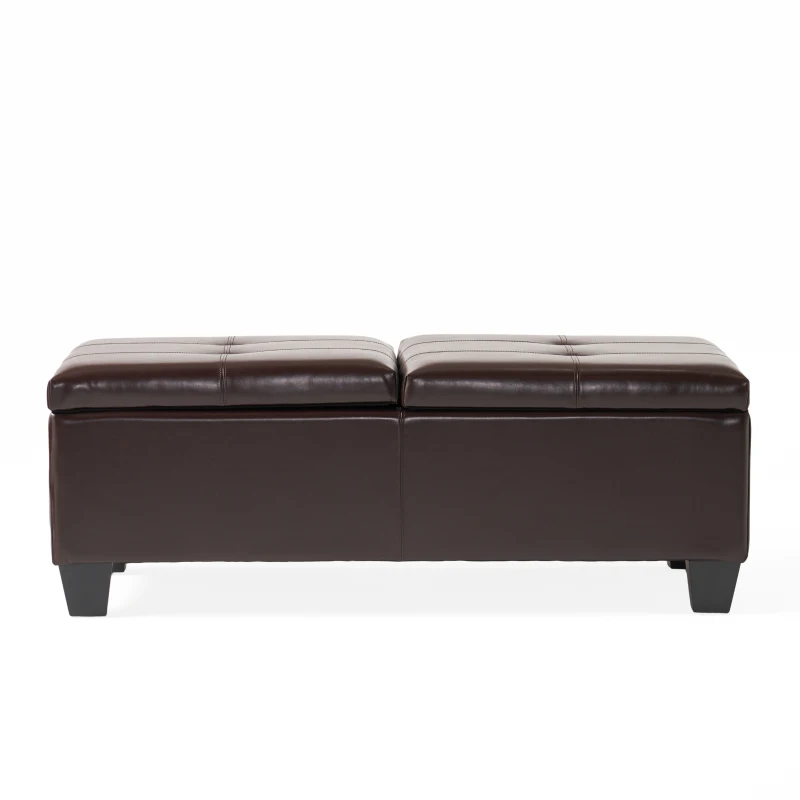 Double-Top Storage Ottoman with Soft Leather, Tufted Design, Ample Interior Space, and Matching Espresso Legs, 51"x24.5"x19", Brown